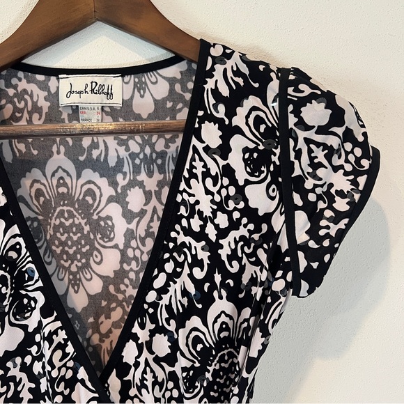 Joseph Ribkoff Y2K Faux Wrap Floral Blouse Clear Sequin Asymmetrical Hem - Picture 2 of 9